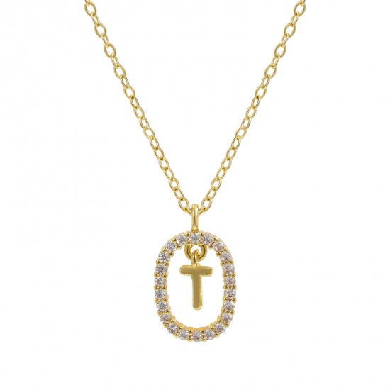 Imagen de 18K Oro Real Chapado Cadena de Cable Cruz Óvalo Collar con Colgante, Latón 46cm + 6cm, Para Mujeres, Claro Circón Artificial Mayúscula Letra Mensaje " T " Movible, Exquisito Elegante Regalo, Respetuoso del Medio Ambiente, 1 Unidad