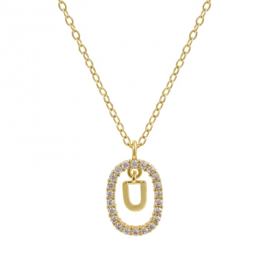 Imagen de 18K Oro Real Chapado Cadena de Cable Cruz Óvalo Collar con Colgante, Latón 46cm + 6cm, Para Mujeres, Claro Circón Artificial Mayúscula Letra Mensaje " U " Movible, Exquisito Elegante Regalo, Respetuoso del Medio Ambiente, 1 Unidad