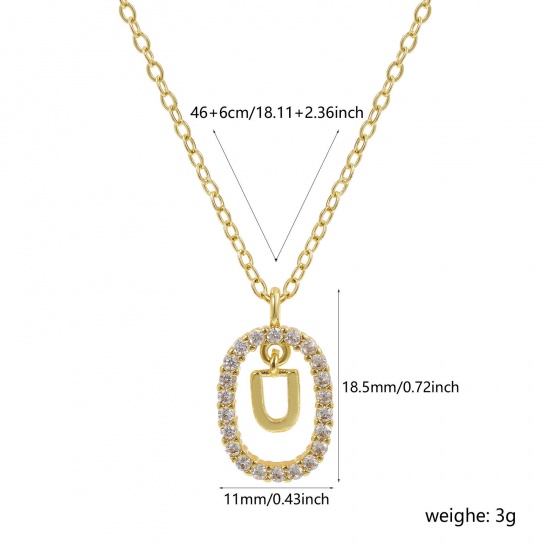 Imagen de 18K Oro Real Chapado Cadena de Cable Cruz Óvalo Collar con Colgante, Latón 46cm + 6cm, Para Mujeres, Claro Circón Artificial Mayúscula Letra Mensaje " U " Movible, Exquisito Elegante Regalo, Respetuoso del Medio Ambiente, 1 Unidad