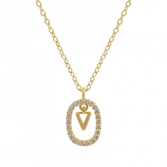 Imagen de 18K Oro Real Chapado Cadena de Cable Cruz Óvalo Collar con Colgante, Latón 46cm + 6cm, Para Mujeres, Claro Circón Artificial Mayúscula Letra Mensaje " V " Movible, Exquisito Elegante Regalo, Respetuoso del Medio Ambiente, 1 Unidad