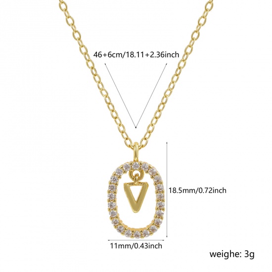 Imagen de 18K Oro Real Chapado Cadena de Cable Cruz Óvalo Collar con Colgante, Latón 46cm + 6cm, Para Mujeres, Claro Circón Artificial Mayúscula Letra Mensaje " V " Movible, Exquisito Elegante Regalo, Respetuoso del Medio Ambiente, 1 Unidad