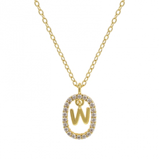 Imagen de 18K Oro Real Chapado Cadena de Cable Cruz Óvalo Collar con Colgante, Latón 46cm + 6cm, Para Mujeres, Claro Circón Artificial Mayúscula Letra Mensaje " W " Movible, Exquisito Elegante Regalo, Respetuoso del Medio Ambiente, 1 Unidad