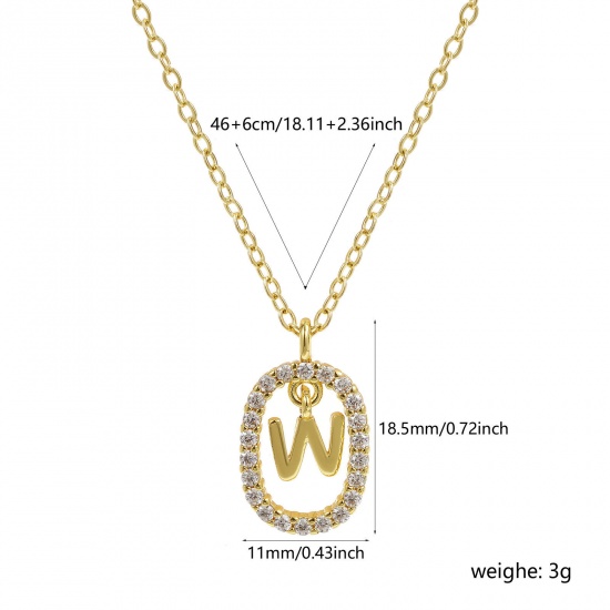 Imagen de 18K Oro Real Chapado Cadena de Cable Cruz Óvalo Collar con Colgante, Latón 46cm + 6cm, Para Mujeres, Claro Circón Artificial Mayúscula Letra Mensaje " W " Movible, Exquisito Elegante Regalo, Respetuoso del Medio Ambiente, 1 Unidad