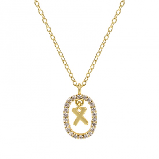 Imagen de 18K Oro Real Chapado Cadena de Cable Cruz Óvalo Collar con Colgante, Latón 46cm + 6cm, Para Mujeres, Claro Circón Artificial Mayúscula Letra Mensaje " X " Movible, Exquisito Elegante Regalo, Respetuoso del Medio Ambiente, 1 Unidad