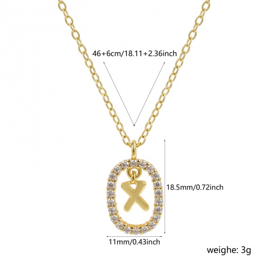 Imagen de 18K Oro Real Chapado Cadena de Cable Cruz Óvalo Collar con Colgante, Latón 46cm + 6cm, Para Mujeres, Claro Circón Artificial Mayúscula Letra Mensaje " X " Movible, Exquisito Elegante Regalo, Respetuoso del Medio Ambiente, 1 Unidad