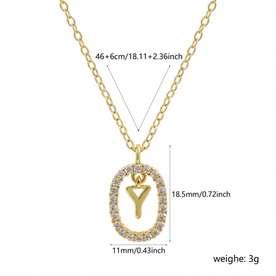 Imagen de 18K Oro Real Chapado Cadena de Cable Cruz Óvalo Collar con Colgante, Latón 46cm + 6cm, Para Mujeres, Claro Circón Artificial Mayúscula Letra Mensaje " Y " Movible, Exquisito Elegante Regalo, Respetuoso del Medio Ambiente, 1 Unidad