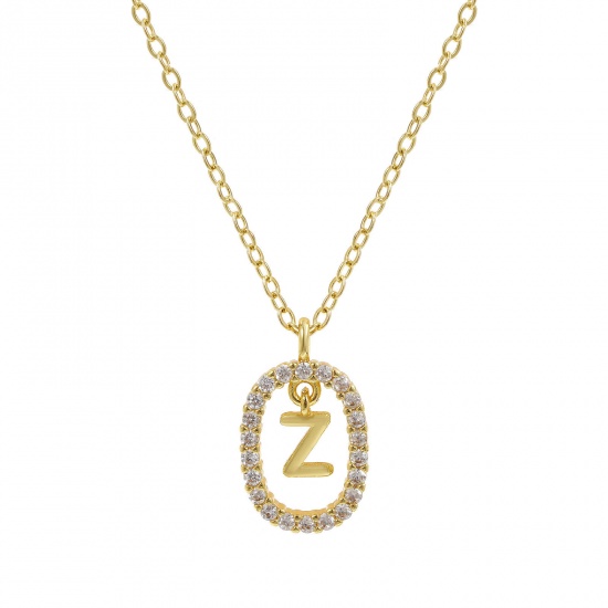 Imagen de 18K Oro Real Chapado Cadena de Cable Cruz Óvalo Collar con Colgante, Latón 46cm + 6cm, Para Mujeres, Claro Circón Artificial Mayúscula Letra Mensaje " Z " Movible, Exquisito Elegante Regalo, Respetuoso del Medio Ambiente, 1 Unidad