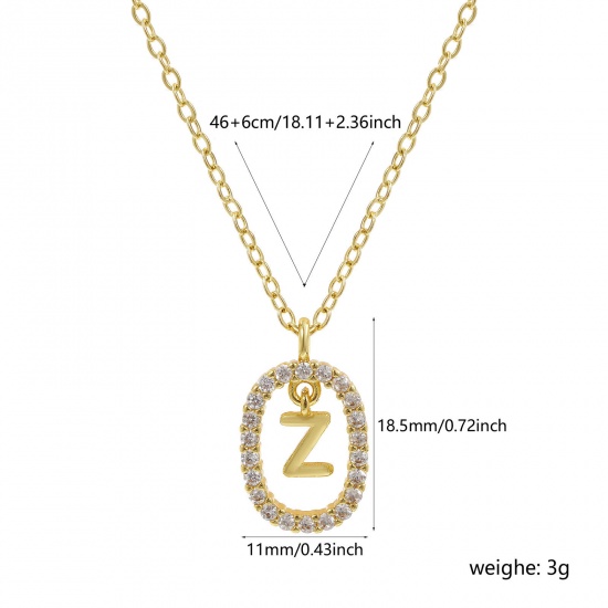 Imagen de 18K Oro Real Chapado Cadena de Cable Cruz Óvalo Collar con Colgante, Latón 46cm + 6cm, Para Mujeres, Claro Circón Artificial Mayúscula Letra Mensaje " Z " Movible, Exquisito Elegante Regalo, Respetuoso del Medio Ambiente, 1 Unidad