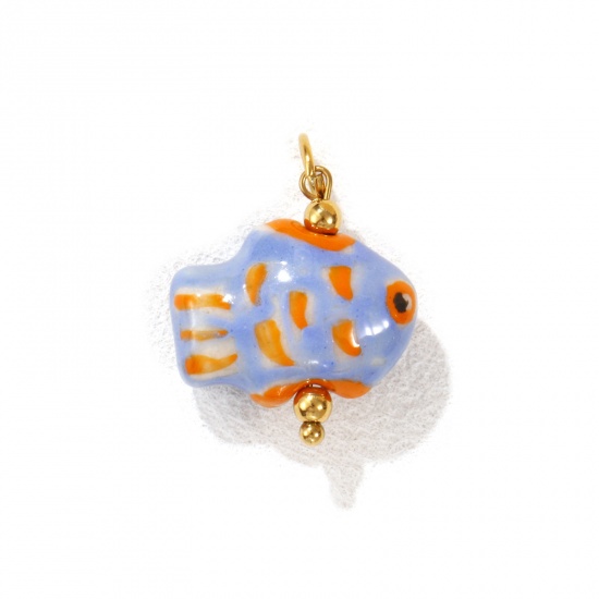 Picture of 1 Piece Eco-friendly PVD Vacuum Plating 304 Stainless Steel & Ceramic Ocean Jewelry Charms 18K Gold Plated Blue Fish Animal Painted 25mm x 18mm