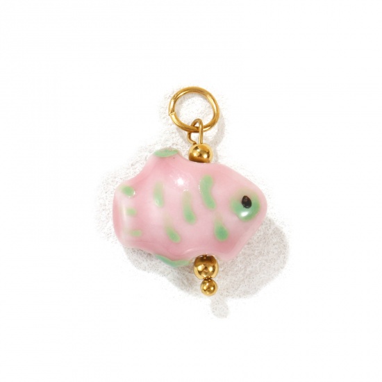 Picture of 1 Piece Eco-friendly PVD Vacuum Plating 304 Stainless Steel & Ceramic Ocean Jewelry Charms 18K Gold Plated Pink Fish Animal Painted 25mm x 18mm