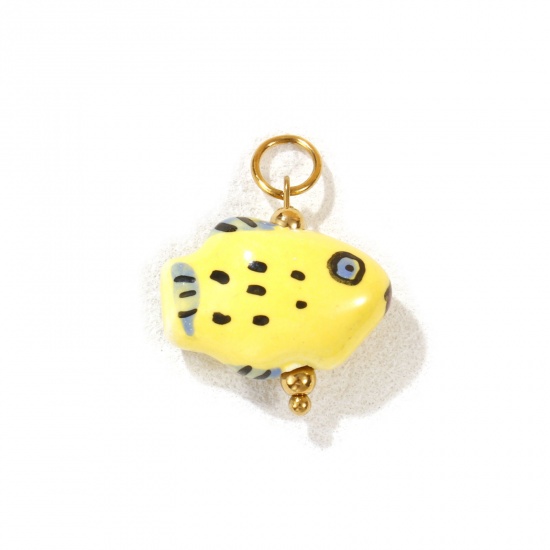 Picture of 1 Piece Eco-friendly PVD Vacuum Plating 304 Stainless Steel & Ceramic Ocean Jewelry Charms 18K Gold Plated Yellow Fish Animal Painted 25mm x 18mm