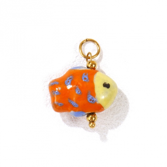 Picture of 1 Piece Eco-friendly PVD Vacuum Plating 304 Stainless Steel & Ceramic Ocean Jewelry Charms 18K Gold Plated Orange Fish Animal Painted 25mm x 18mm