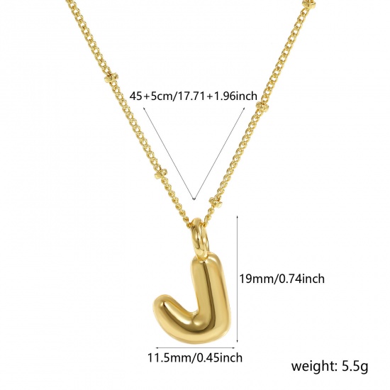 Immagine di 18K Vero Oro Placcato Catena del Barbazzale Lettera Maiuscola Collana con Ciondolo, Ottone 45cm + 5cm, Per Donne, Messaggio " J " Squisito Regalo, Ecologico, 1 Pz