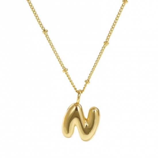 Immagine di 18K Vero Oro Placcato Catena del Barbazzale Lettera Maiuscola Collana con Ciondolo, Ottone 45cm + 5cm, Per Donne, Messaggio " N " Squisito Regalo, Ecologico, 1 Pz