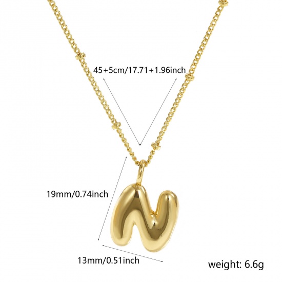 Immagine di 18K Vero Oro Placcato Catena del Barbazzale Lettera Maiuscola Collana con Ciondolo, Ottone 45cm + 5cm, Per Donne, Messaggio " N " Squisito Regalo, Ecologico, 1 Pz