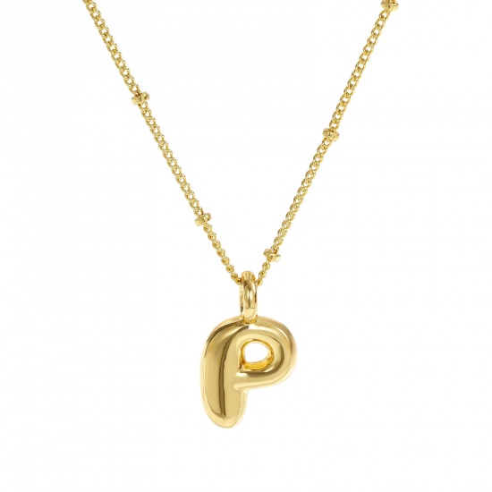 Immagine di 18K Vero Oro Placcato Catena del Barbazzale Lettera Maiuscola Collana con Ciondolo, Ottone 45cm + 5cm, Per Donne, Messaggio " P " Squisito Regalo, Ecologico, 1 Pz