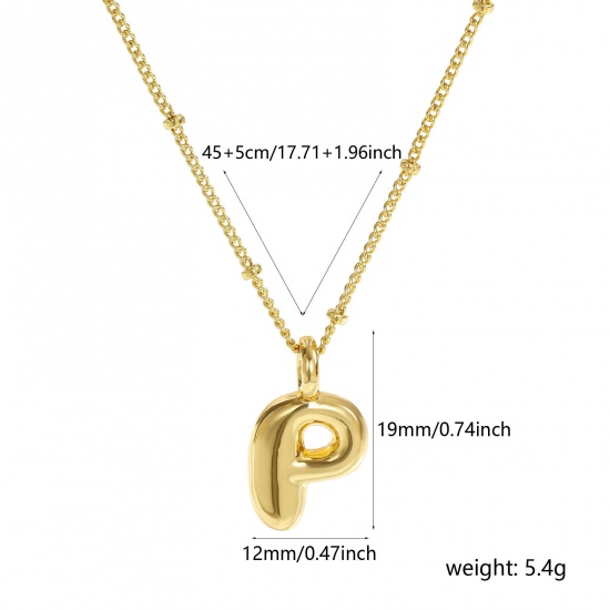 Immagine di 18K Vero Oro Placcato Catena del Barbazzale Lettera Maiuscola Collana con Ciondolo, Ottone 45cm + 5cm, Per Donne, Messaggio " P " Squisito Regalo, Ecologico, 1 Pz