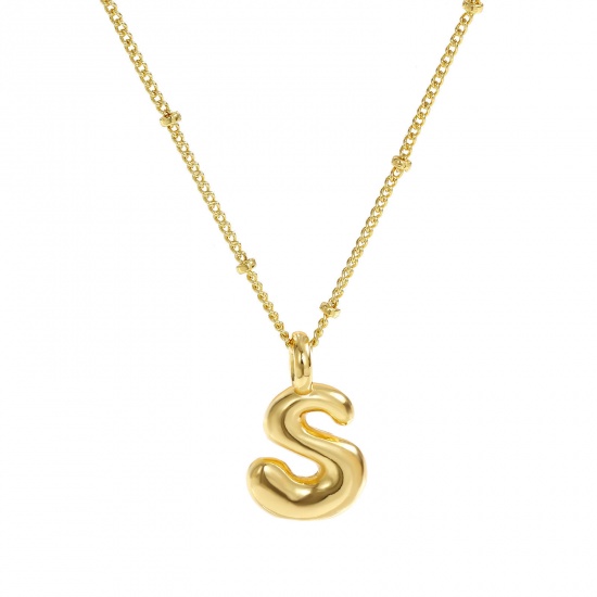 Immagine di 18K Vero Oro Placcato Catena del Barbazzale Lettera Maiuscola Collana con Ciondolo, Ottone 45cm + 5cm, Per Donne, Messaggio " S " Squisito Regalo, Ecologico, 1 Pz