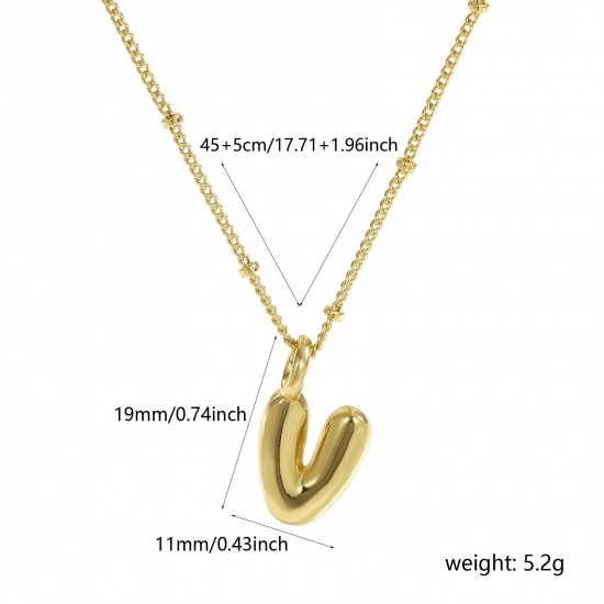 Immagine di 18K Vero Oro Placcato Catena del Barbazzale Lettera Maiuscola Collana con Ciondolo, Ottone 45cm + 5cm, Per Donne, Messaggio " V " Squisito Regalo, Ecologico, 1 Pz