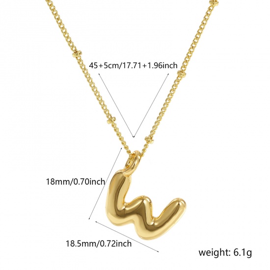 Immagine di 18K Vero Oro Placcato Catena del Barbazzale Lettera Maiuscola Collana con Ciondolo, Ottone 45cm + 5cm, Per Donne, Messaggio " W " Squisito Regalo, Ecologico, 1 Pz