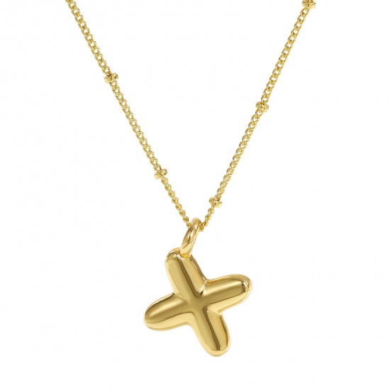 Immagine di 18K Vero Oro Placcato Catena del Barbazzale Lettera Maiuscola Collana con Ciondolo, Ottone 45cm + 5cm, Per Donne, Messaggio " X " Squisito Regalo, Ecologico, 1 Pz