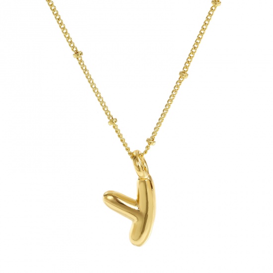 Immagine di 18K Vero Oro Placcato Catena del Barbazzale Lettera Maiuscola Collana con Ciondolo, Ottone 45cm + 5cm, Per Donne, Messaggio " Y " Squisito Regalo, Ecologico, 1 Pz