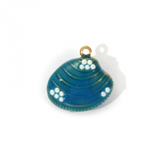 Изображение 1 Piece Eco-friendly PVD Vacuum Plating 304 Stainless Steel Charms 18K Real Gold Plated Lake Blue Enamel Shell Acrylic Imitation Pearl 19mm x 19mm
