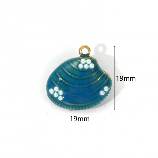 Изображение 1 Piece Eco-friendly PVD Vacuum Plating 304 Stainless Steel Charms 18K Real Gold Plated Lake Blue Enamel Shell Acrylic Imitation Pearl 19mm x 19mm