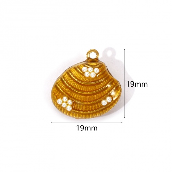 Изображение 1 Piece Eco-friendly PVD Vacuum Plating 304 Stainless Steel Charms 18K Real Gold Plated Golden Enamel Shell Acrylic Imitation Pearl 19mm x 19mm