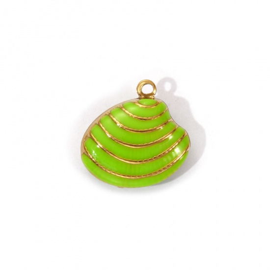 Изображение 1 Piece Eco-friendly PVD Vacuum Plating 304 Stainless Steel Charms 18K Real Gold Plated Green Enamel Shell Stripe 19mm x 19mm