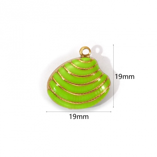 Изображение 1 Piece Eco-friendly PVD Vacuum Plating 304 Stainless Steel Charms 18K Real Gold Plated Green Enamel Shell Stripe 19mm x 19mm