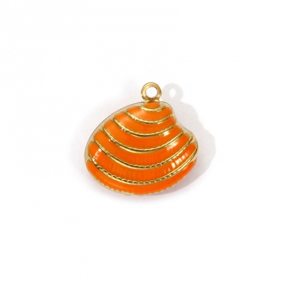 Изображение 1 Piece Eco-friendly PVD Vacuum Plating 304 Stainless Steel Charms 18K Real Gold Plated Orange Enamel Shell Stripe 19mm x 19mm