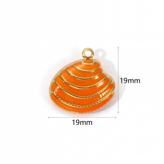 Изображение 1 Piece Eco-friendly PVD Vacuum Plating 304 Stainless Steel Charms 18K Real Gold Plated Orange Enamel Shell Stripe 19mm x 19mm