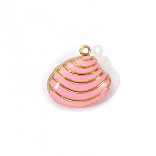 Изображение 1 Piece Eco-friendly PVD Vacuum Plating 304 Stainless Steel Charms 18K Real Gold Plated Pink Enamel Shell Stripe 19mm x 19mm