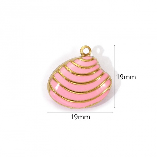 Изображение 1 Piece Eco-friendly PVD Vacuum Plating 304 Stainless Steel Charms 18K Real Gold Plated Pink Enamel Shell Stripe 19mm x 19mm