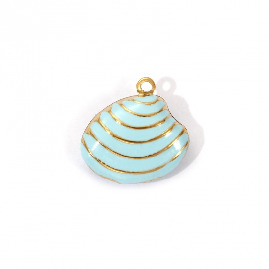 Изображение 1 Piece Eco-friendly PVD Vacuum Plating 304 Stainless Steel Charms 18K Real Gold Plated Blue Enamel Shell Stripe 19mm x 19mm