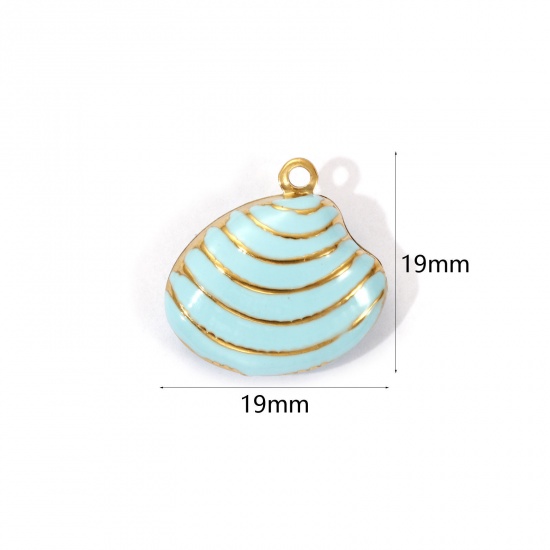 Изображение 1 Piece Eco-friendly PVD Vacuum Plating 304 Stainless Steel Charms 18K Real Gold Plated Blue Enamel Shell Stripe 19mm x 19mm