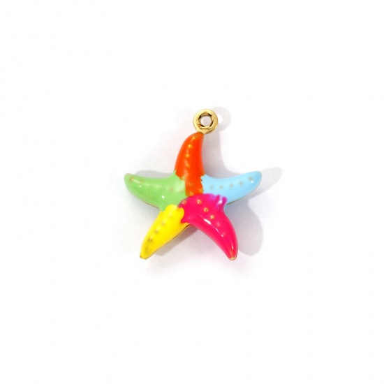 Изображение 1 Piece Eco-friendly PVD Vacuum Plating 304 Stainless Steel Ocean Jewelry Charms 18K Real Gold Plated Multicolor Enamel Star Fish 3D 18mm x 16mm