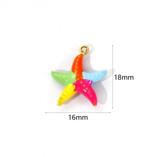 Изображение 1 Piece Eco-friendly PVD Vacuum Plating 304 Stainless Steel Ocean Jewelry Charms 18K Real Gold Plated Multicolor Enamel Star Fish 3D 18mm x 16mm