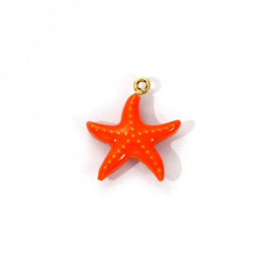 Изображение 1 Piece Eco-friendly PVD Vacuum Plating 304 Stainless Steel Ocean Jewelry Charms 18K Real Gold Plated Orange Enamel Star Fish 3D 18mm x 16mm