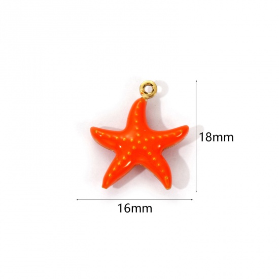 Изображение 1 Piece Eco-friendly PVD Vacuum Plating 304 Stainless Steel Ocean Jewelry Charms 18K Real Gold Plated Orange Enamel Star Fish 3D 18mm x 16mm