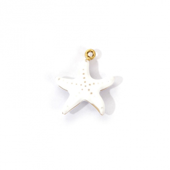 Изображение 1 Piece Eco-friendly PVD Vacuum Plating 304 Stainless Steel Ocean Jewelry Charms 18K Real Gold Plated White Enamel Star Fish 3D 18mm x 16mm