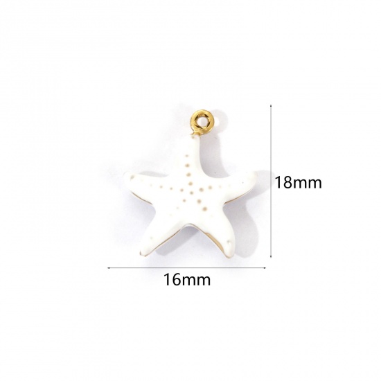 Изображение 1 Piece Eco-friendly PVD Vacuum Plating 304 Stainless Steel Ocean Jewelry Charms 18K Real Gold Plated White Enamel Star Fish 3D 18mm x 16mm