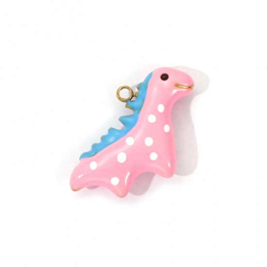 Bild von 1 Piece Eco-friendly PVD Vacuum Plating 304 Stainless Steel Charms 18K Real Gold Plated Pink Enamel Dinosaur Animal 3D 22mm x 15.5mm