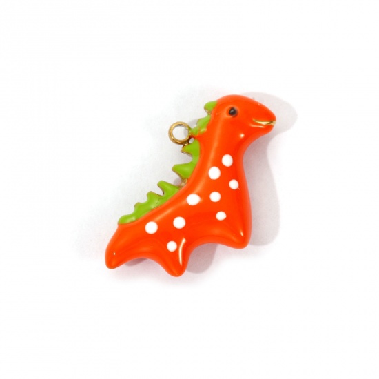 Bild von 1 Piece Eco-friendly PVD Vacuum Plating 304 Stainless Steel Charms 18K Real Gold Plated Orange Enamel Dinosaur Animal 3D 22mm x 15.5mm