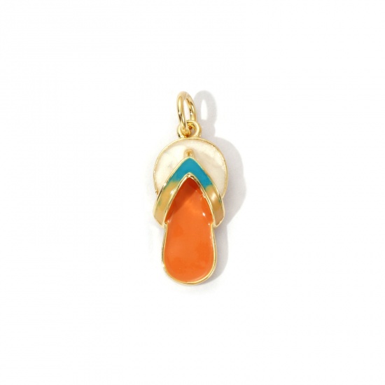 Immagine di 1 Piece Eco-friendly Brass Clothes Charms 18K Real Gold Plated Multicolor Enamel Flip Flops Slipper 3D 22mm x 8mm