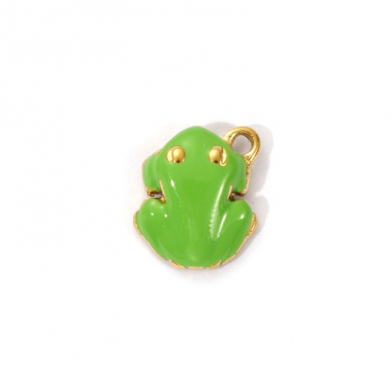 Bild von 1 Piece Eco-friendly PVD Vacuum Plating 304 Stainless Steel Charms 18K Real Gold Plated Green Enamel Frog Animal 3D 12mm x 10mm