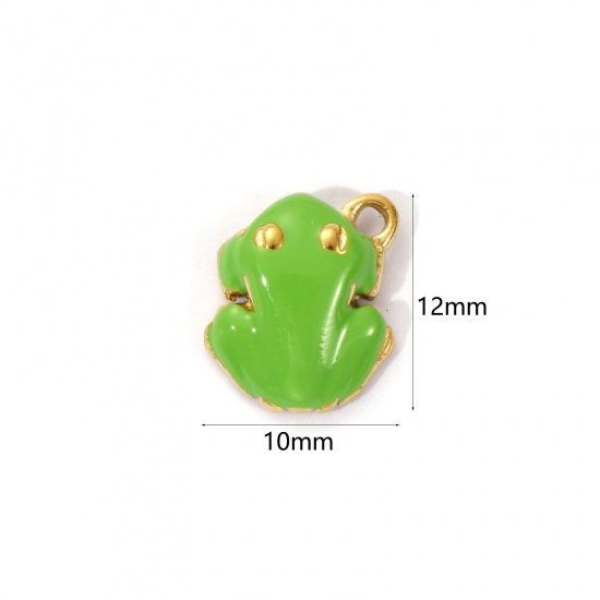 Bild von 1 Piece Eco-friendly PVD Vacuum Plating 304 Stainless Steel Charms 18K Real Gold Plated Green Enamel Frog Animal 3D 12mm x 10mm