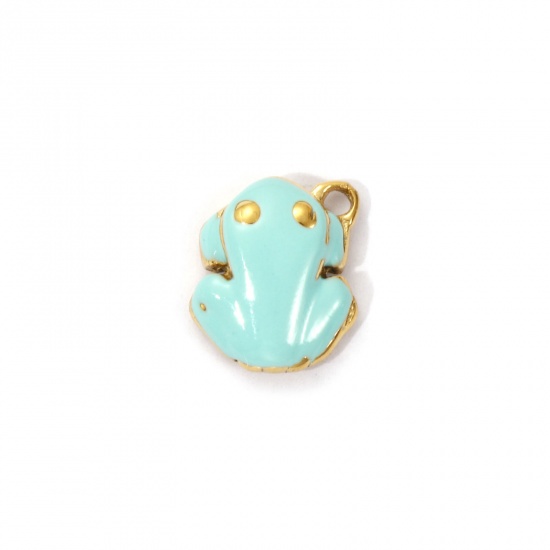 Bild von 1 Piece Eco-friendly PVD Vacuum Plating 304 Stainless Steel Charms 18K Real Gold Plated Mint Green Enamel Frog Animal 3D 12mm x 10mm