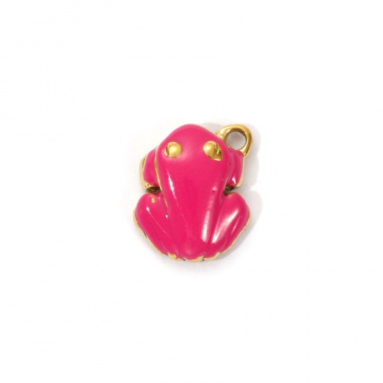 Bild von 1 Piece Eco-friendly PVD Vacuum Plating 304 Stainless Steel Charms 18K Real Gold Plated Fuchsia Enamel Frog Animal 3D 12mm x 10mm